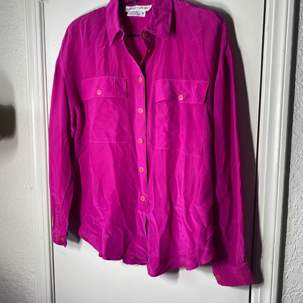 Eleanor P Brenner Fuchsia Pink 100% Silk Button Down Blouse Long Sleeve Medium - Picture 3 of 6